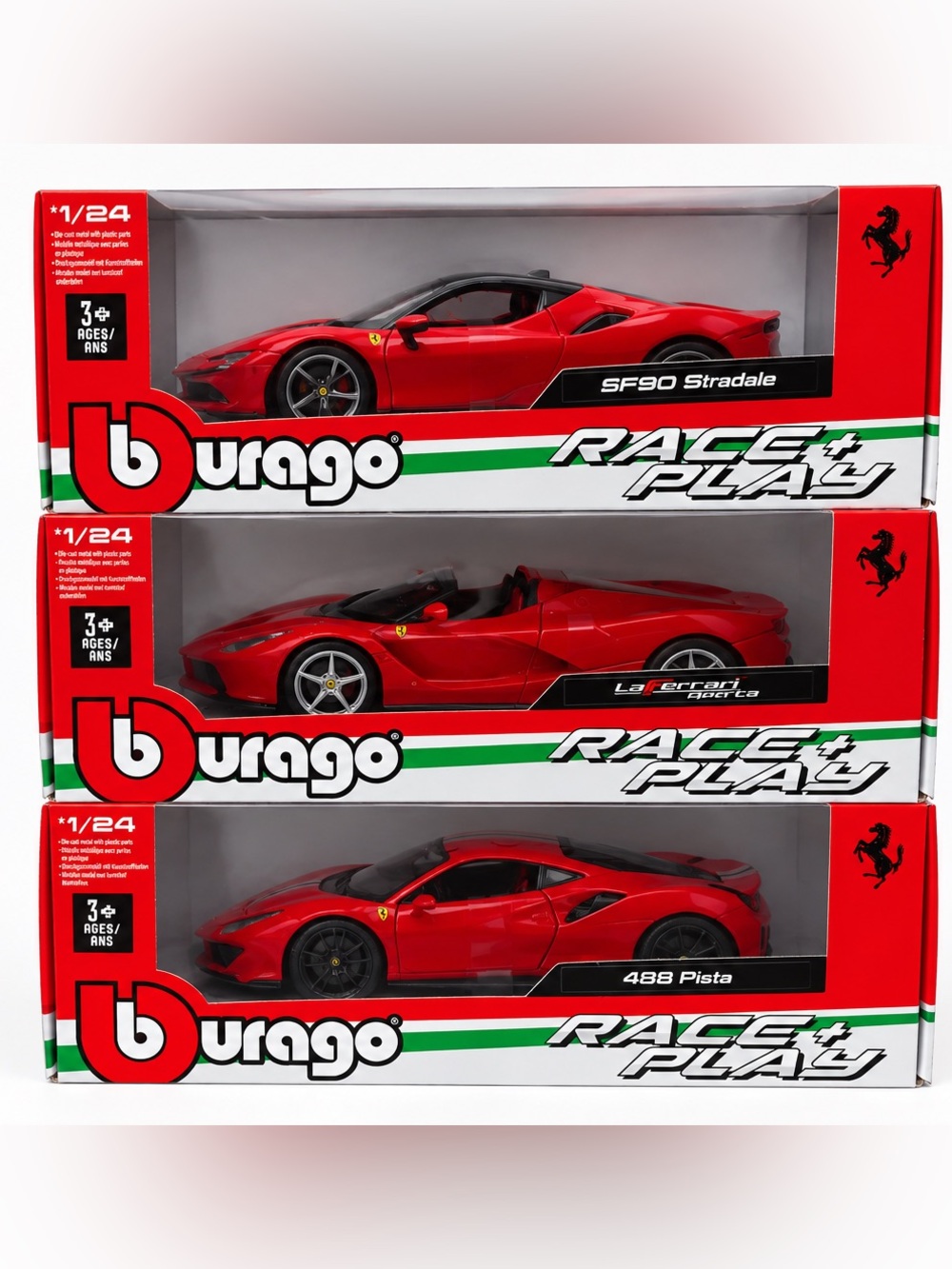 Bburago Red Ferrari Die-Cast 1:24 set of 3 Race Play Car Toy - Kids